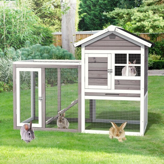 2-Story Wooden Rabbit Hutch with Running Area-Gray - Color: Gray - Minihomy