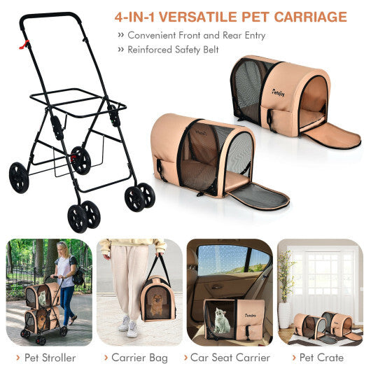 4-in-1 Double Pet Stroller with Detachable Carrier and Travel Carriage-Beige - Minihomy