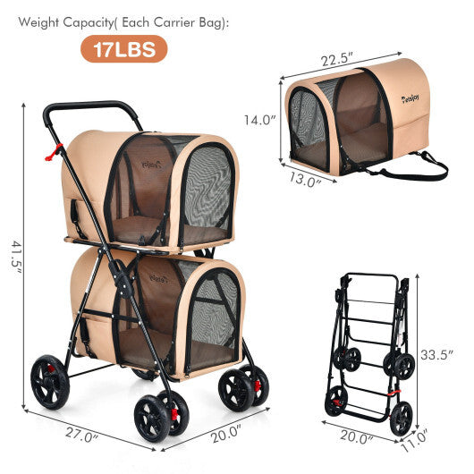 4-in-1 Double Pet Stroller with Detachable Carrier and Travel Carriage-Beige - Minihomy