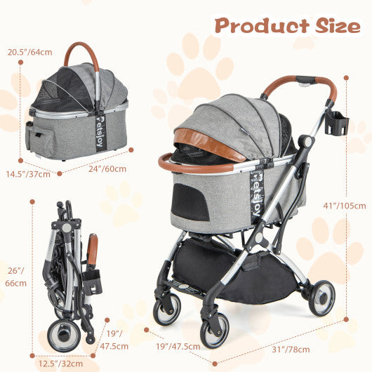 Foldable Dog Cat Stroller with Removable Waterproof Cover-Dark Gray - Color: Dark Gray - Minihomy