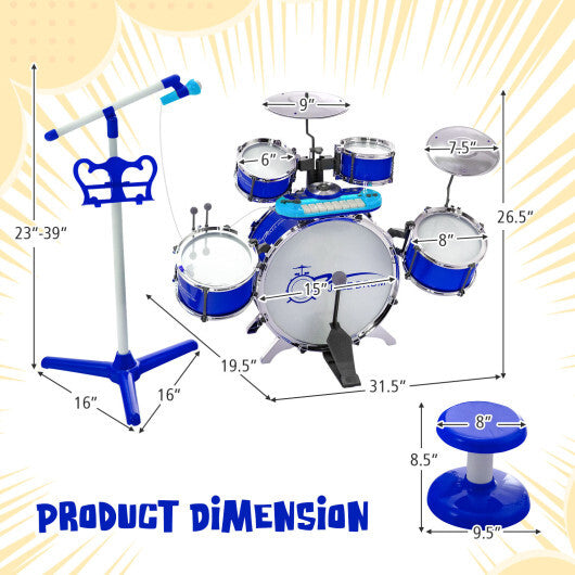 Kids Jazz Drum Keyboard Set with Stool and Microphone Stand-Blue - Color: Blue - Minihomy