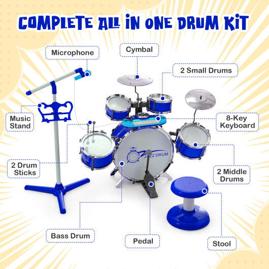 Kids Jazz Drum Keyboard Set with Stool and Microphone Stand-Blue - Color: Blue - Minihomy