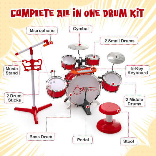 Kids Jazz Drum Keyboard Set with Stool and Microphone Stand-Red - Color: Red - Minihomy