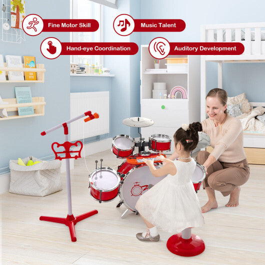 Kids Jazz Drum Keyboard Set with Stool and Microphone Stand-Red - Color: Red - Minihomy