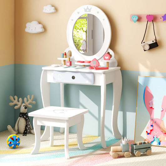 Kids 2-in-1 Princess Makeup Table and Chair Set with Removable Mirror-White - Color: White - Minihomy