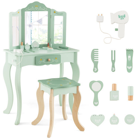 Kids Vanity Set with Tri-folding Mirror-Green - Color: Green - Minihomy