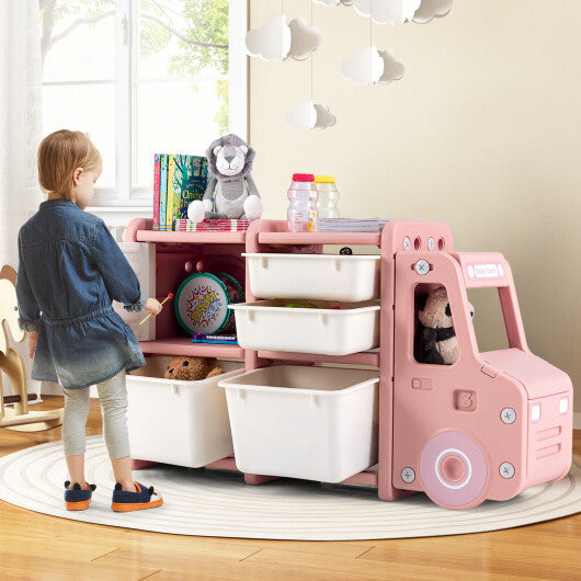 Toddler Truck Storage Organizer with Plastic Bins-Pink - Color: Pink