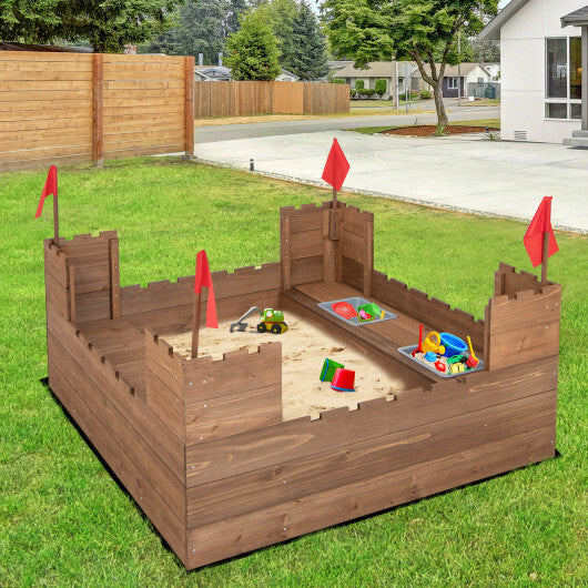 Kids Wooden Sandbox with Bottom Liner and Red Flags - Color: Natural - Minihomy