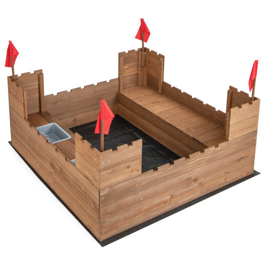 Kids Wooden Sandbox with Bottom Liner and Red Flags - Color: Natural - Minihomy