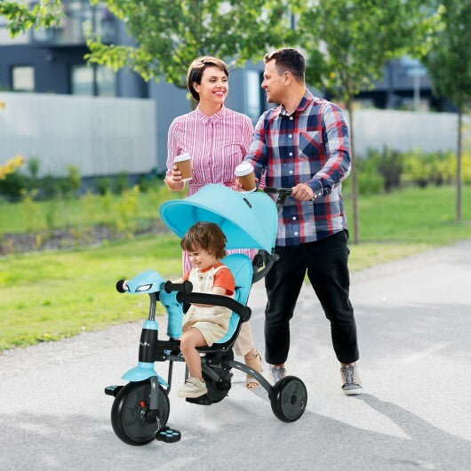 6-in-1 Foldable Baby Tricycle Toddler Stroller with Adjustable Handle-Blue - Color: Blue - Minihomy