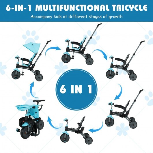 6-in-1 Foldable Baby Tricycle Toddler Stroller with Adjustable Handle-Blue - Color: Blue - Minihomy