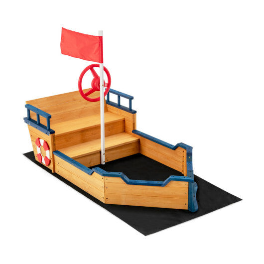 Kids Pirate Boat Wooden Sandbox Children Outdoor Playset - Color: Natural - Minihomy