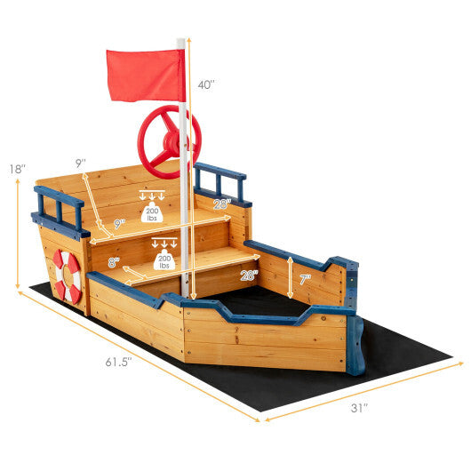 Kids Pirate Boat Wooden Sandbox Children Outdoor Playset - Color: Natural - Minihomy