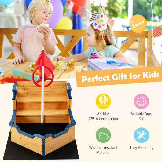 Kids Pirate Boat Wooden Sandbox Children Outdoor Playset - Color: Natural - Minihomy