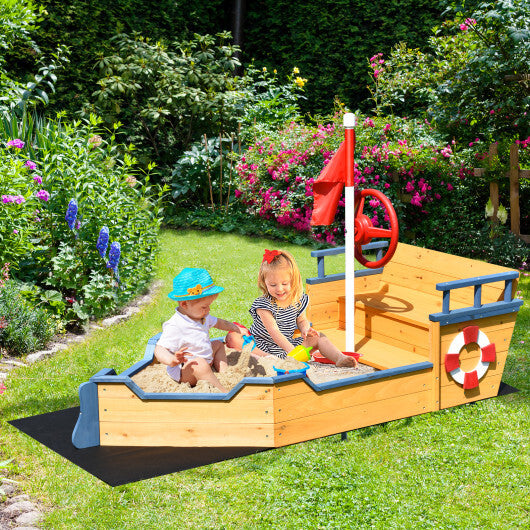 Kids Pirate Boat Wooden Sandbox Children Outdoor Playset - Minihomy