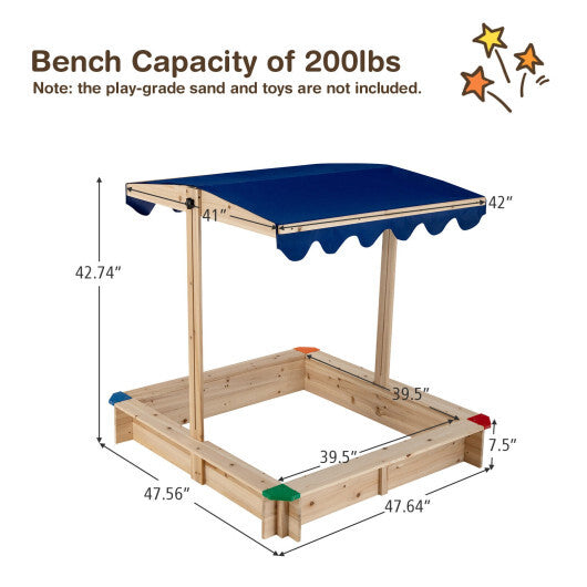 Kids Wooden Sandbox with Height Adjustable and Rotatable Canopy Outdoor Playset - Color: Natural - Minihomy