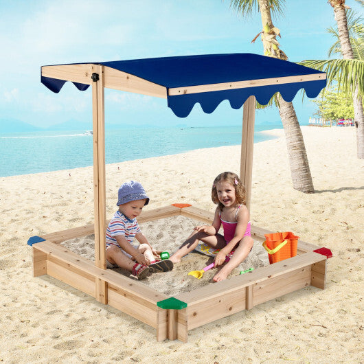 Kids Wooden Sandbox with Height Adjustable and Rotatable Canopy Outdoor Playset - Minihomy