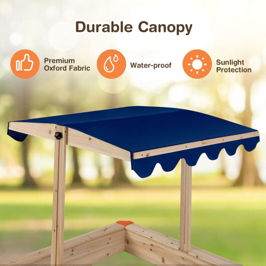 Kids Wooden Sandbox with Height Adjustable and Rotatable Canopy Outdoor Playset - Minihomy