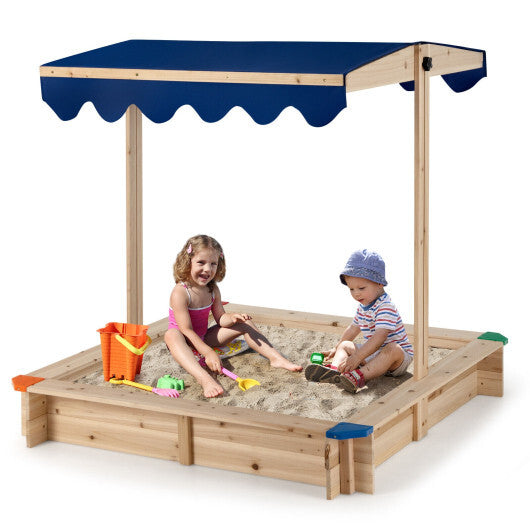 Kids Wooden Sandbox with Height Adjustable and Rotatable Canopy Outdoor Playset - Minihomy