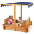 Kids Wooden Sandbox with Canopy and 2 Bench Seats - Color: Natural - Minihomy