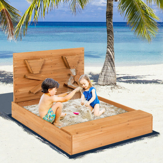 Kids Wooden Square Sandbox with Cover - Color: Brown - Minihomy