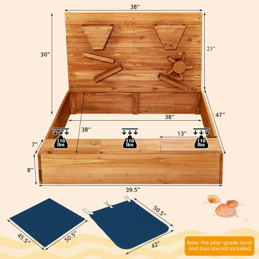 Kids Wooden Square Sandbox with Cover - Color: Brown - Minihomy