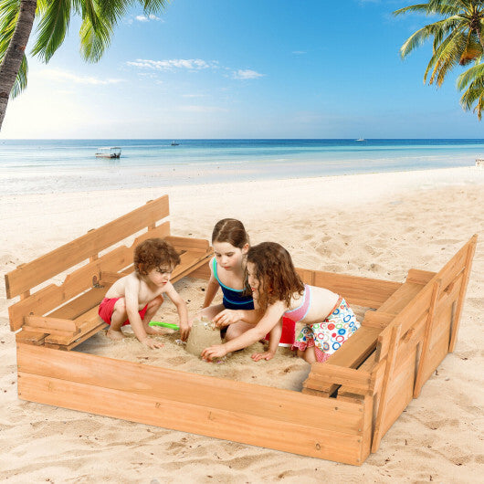 Kids Wooden Sandbox with 2 Foldable Bench Seats - Color: Brown - Minihomy