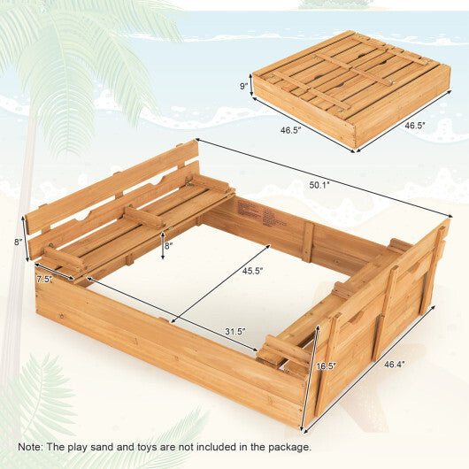 Kids Wooden Sandbox with 2 Foldable Bench Seats - Color: Brown - Minihomy