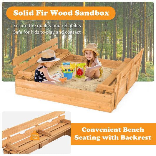 Kids Wooden Sandbox with 2 Foldable Bench Seats - Color: Brown - Minihomy