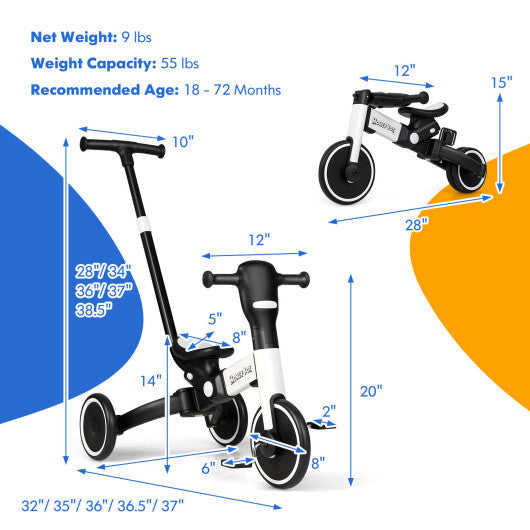 4-in-1 Kids Tricycle with Adjustable Parent Push Handle and Detachable Pedals-White - Color: White - Minihomy