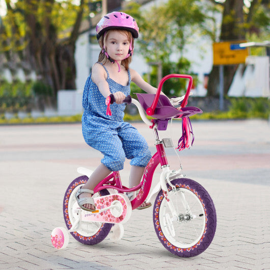 Kids Bike with Doll Seat and Removable Training Wheels-M - Color: Pink & Purple - Size: M - Minihomy