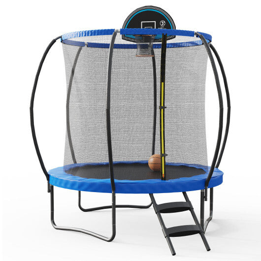 8 Feet Recreational Trampoline with Basketball Hoop and Net Ladder - Color: Blue - Size: 8 ft - Minihomy