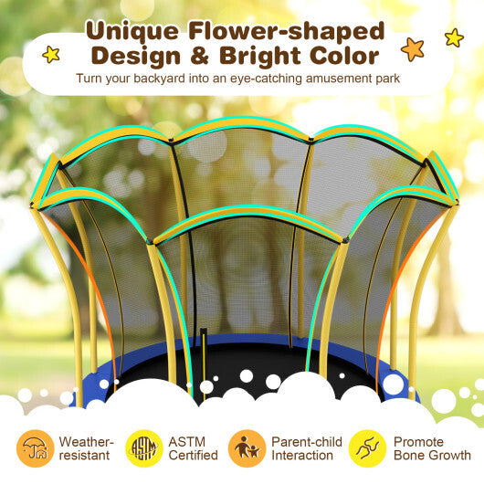 8 Feet Outdoor Unique Flower Shape Trampoline with Enclosure Net-Yellow - Color: Yellow - Size: 8 ft - Minihomy