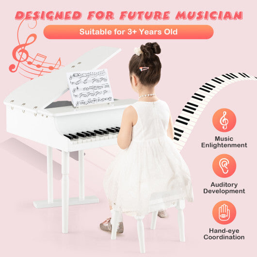 30-Key Kids Piano Keyboard Toy with Bench Piano Lid and Music Rack-White - Color: White - Minihomy