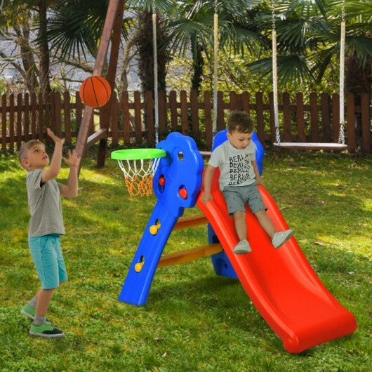 2 Step Indoors Kids Plastic Folding Slide with Basketball Hoop - Minihomy