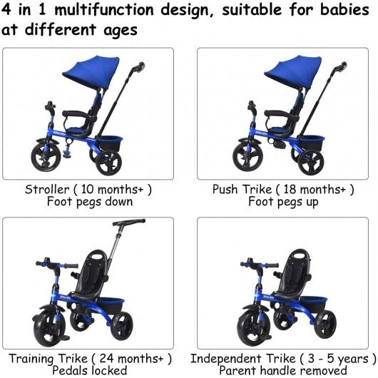 4-in-1 Kids Tricycle with Adjustable Push Handle-Blue - Color: Blue - Minihomy