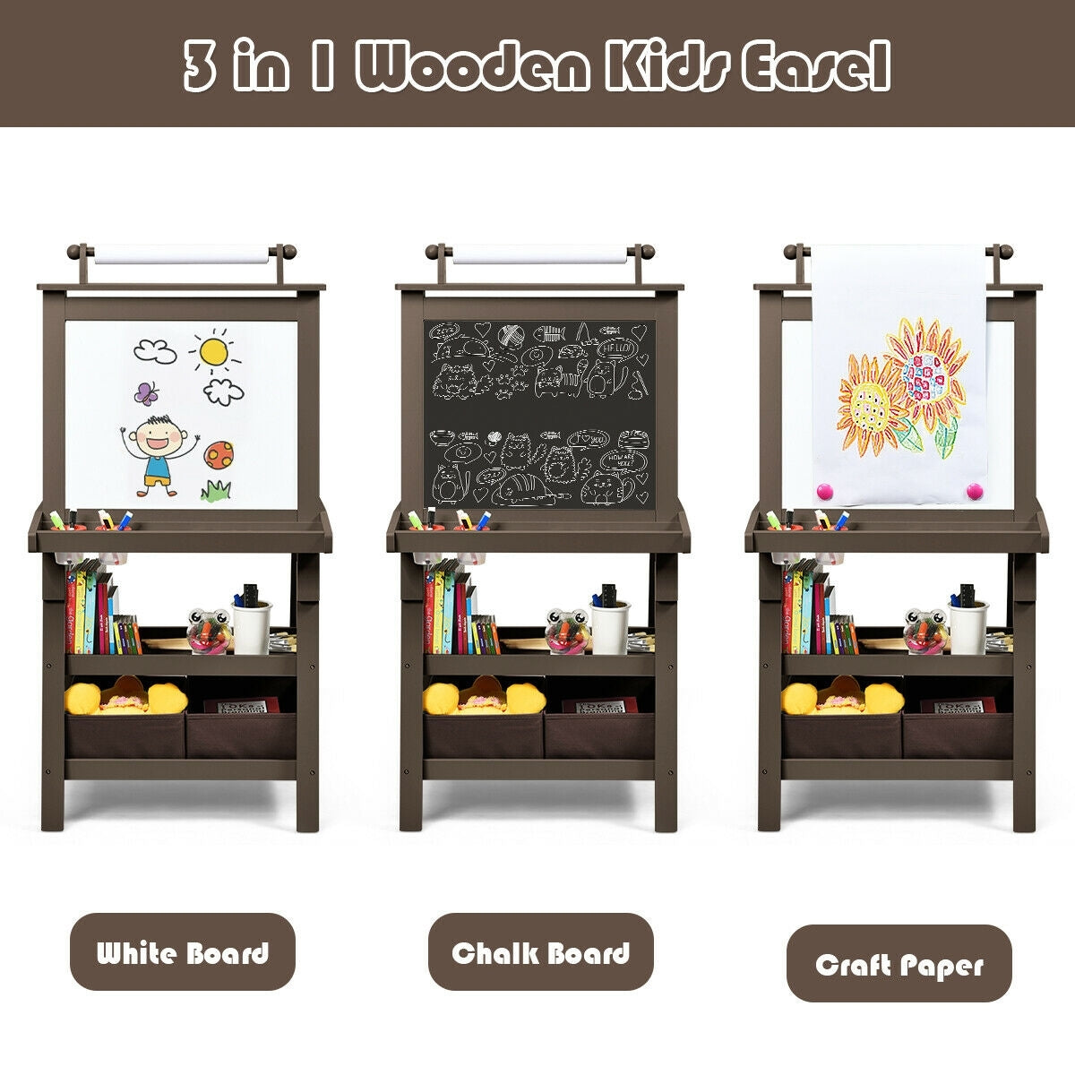 3 in 1 Double-Sided Storage Art Easel-Brown - Color: Brown - Minihomy