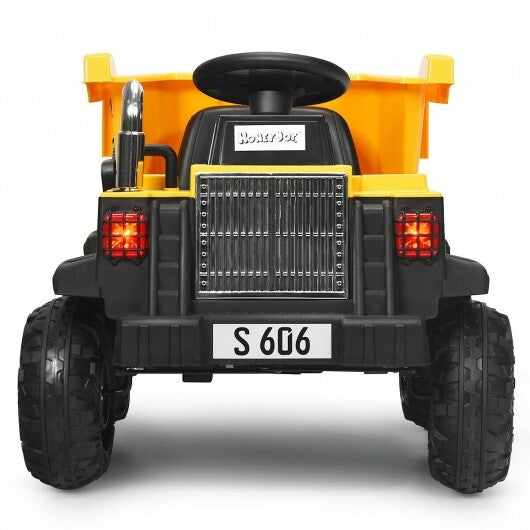 12V Battery Kids Ride On Dump Truck with Electric Bucket and Dump Bed-Yellow - Color: Yellow - Minihomy