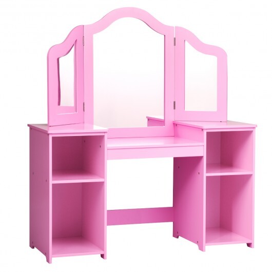 Kids Tri Folding Mirror Makeup Dressing Vanity Table Set-Pink - Color: Pink - Minihomy