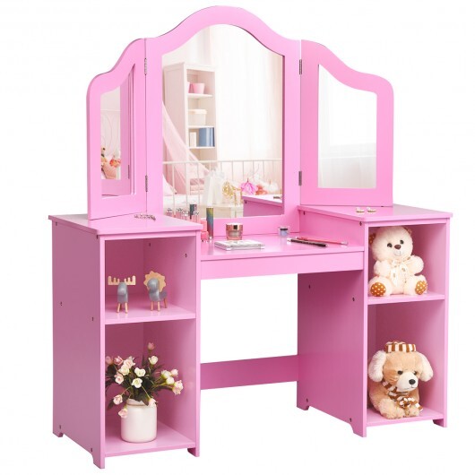 Kids Tri Folding Mirror Makeup Dressing Vanity Table Set-Pink - Color: Pink - Minihomy