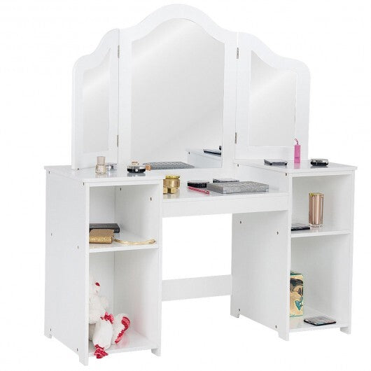 Kids Tri Folding Mirror Makeup Dressing Vanity Table Set-White - Color: White - Minihomy