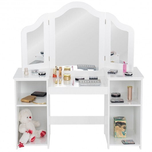 Kids Tri Folding Mirror Makeup Dressing Vanity Table Set-White - Color: White - Minihomy