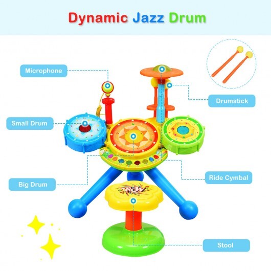 Kids Electric Jazz Drum Set with Stool Microphone and LED Light - Color: Multicolor - Minihomy