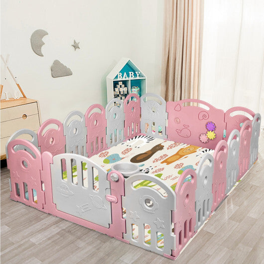 18-Panel Baby Playpen with Music Box & Basketball Hoop-Pink - Color: Pink - Minihomy