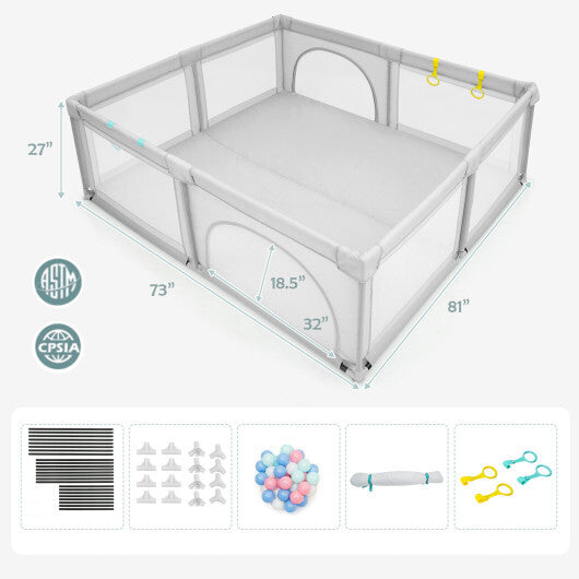 Large Infant Baby Playpen Safety Play Center Yard with 50 Ocean Balls-Gray - Color: Gray - Minihomy