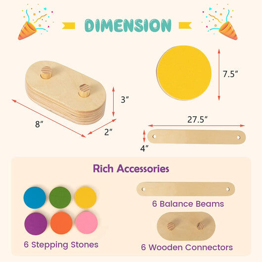 12-Piece Kids Wooden Balance Beam with Colorful Steeping Stones - Color: Natural - Minihomy