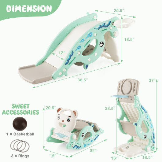 4-in-1 Kids Slide Rocking Horse with Basketball and Ring Toss-Green - Color: Green - Minihomy