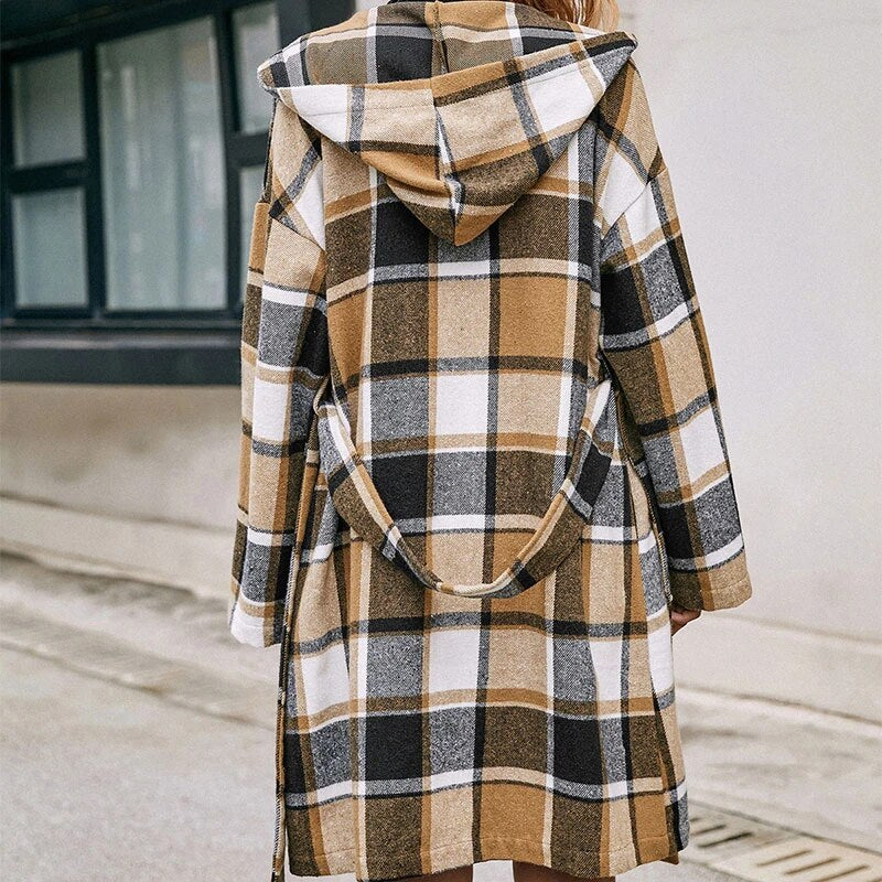 Loose Casual Plaid Mid-length Belted Hood - Minihomy