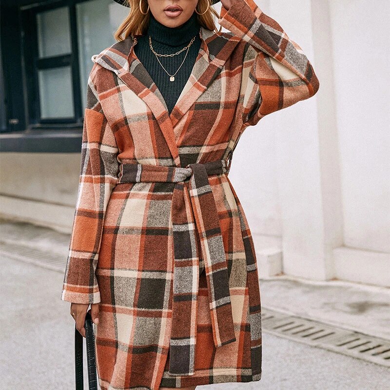 Loose Casual Plaid Mid-length Belted Hood - Minihomy