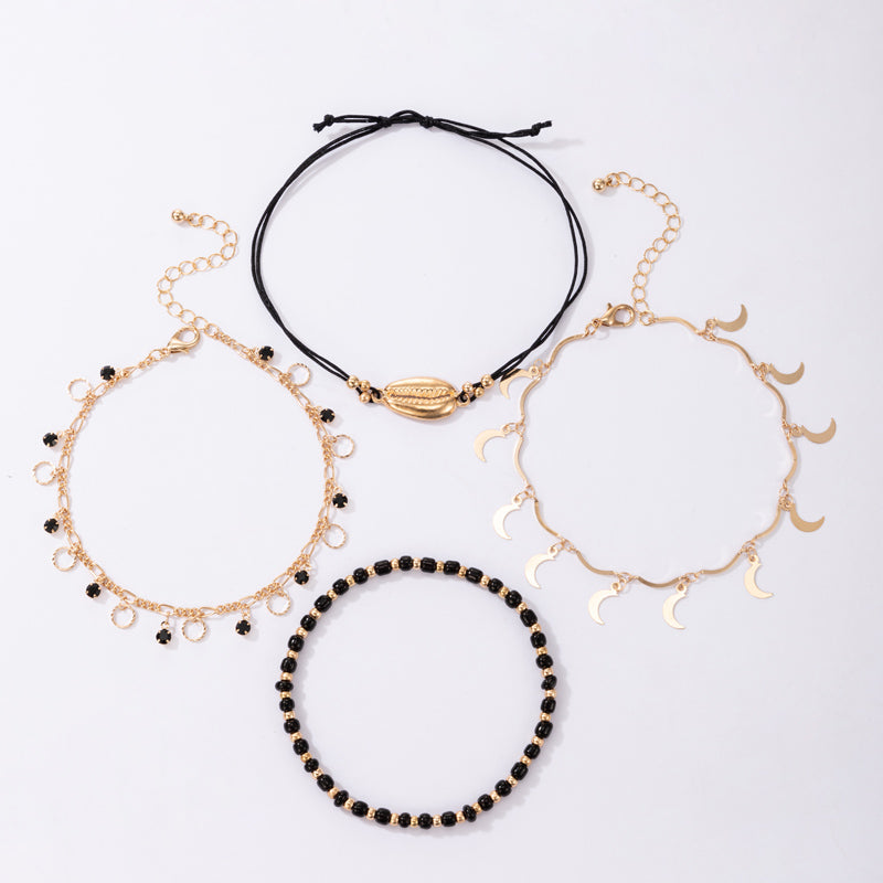 Hollow Anklet Shell Black Rice Bead Circle Multi-layer 4-piece - Minihomy